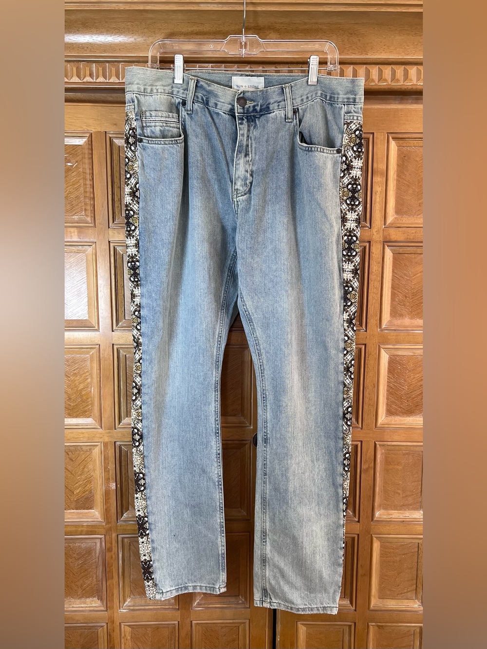 Sun + Stone Men's Jeans Size 36W Light Wash Denim Patterned Side Panels 36x32